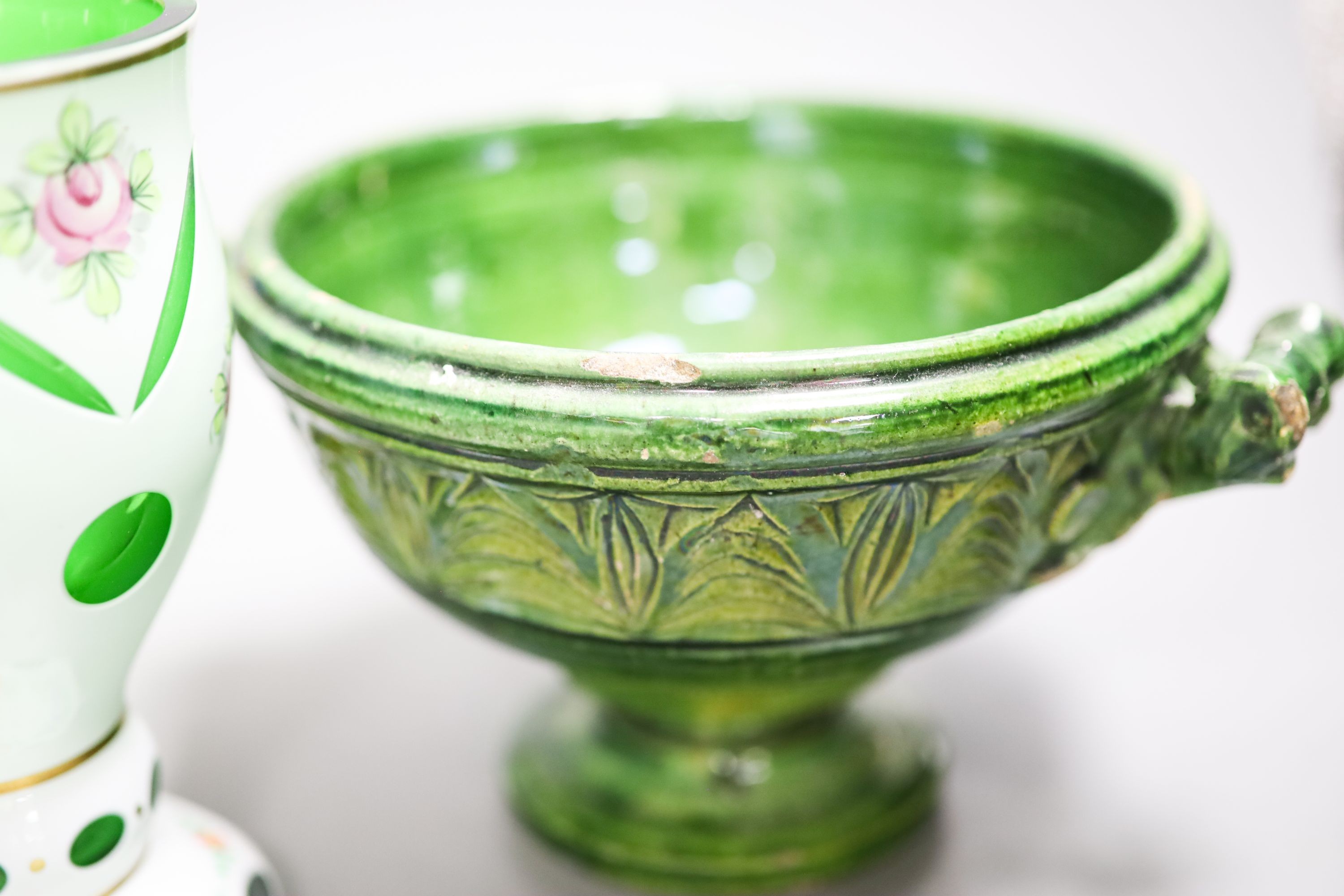 A Cantagalli maiolica vase (a.f.), a Bohemian vase and a green pottery bowl 27cm